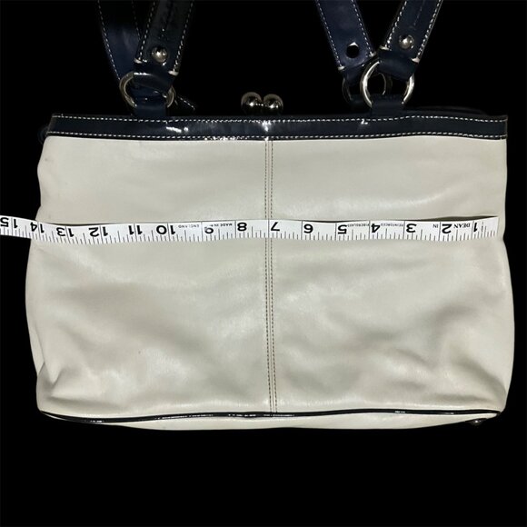 Coach Beige & Navy Leather Tote Handbag With Kiss Lock Closure & Front Zipper Po - Picture 9 of 11
